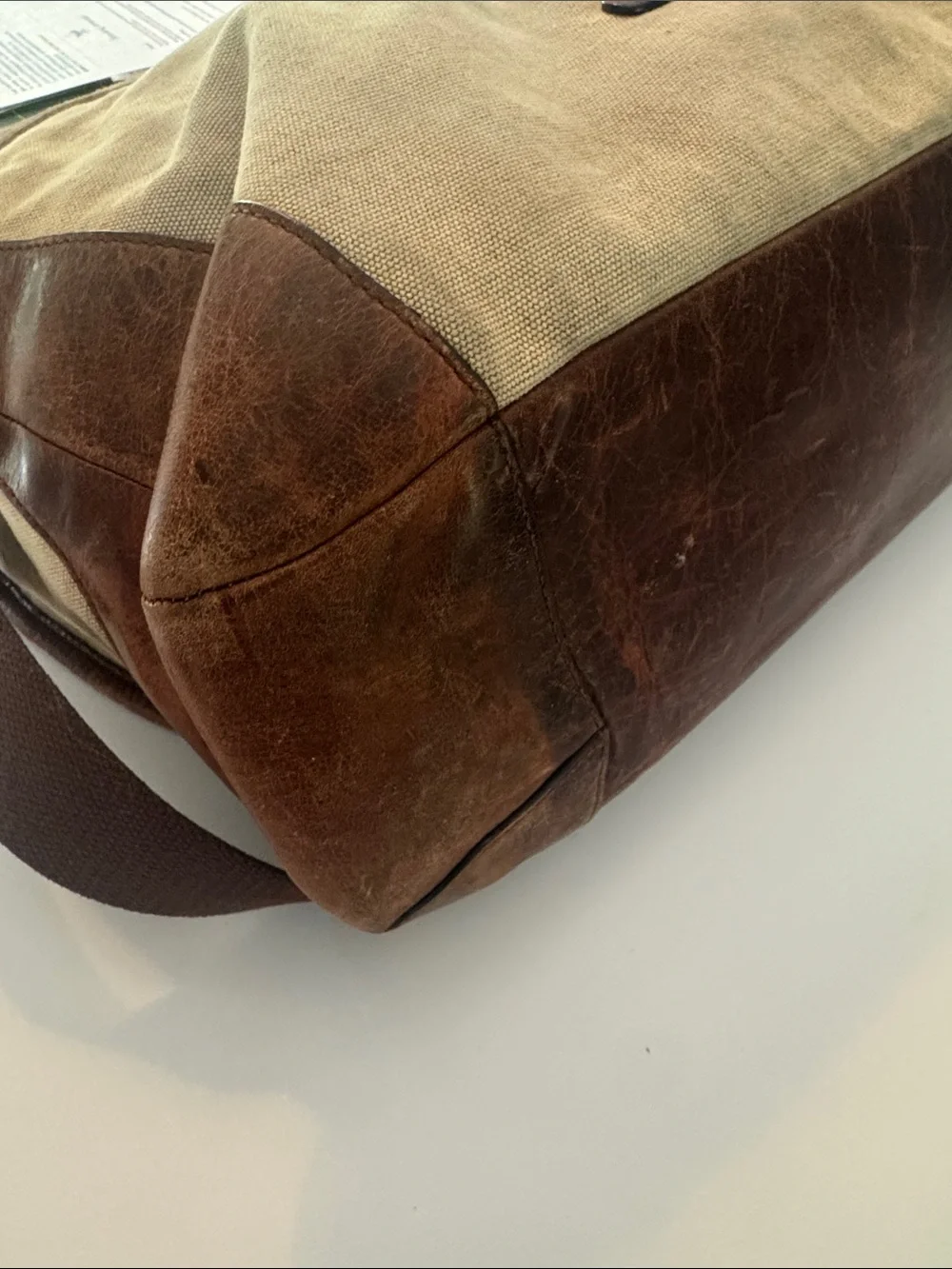 Frye Tan Canvas and Brown Leather Messenger Bag